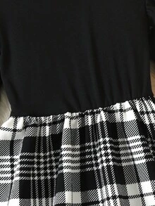 SHEIN Serisse Kids 女童圆领荷叶边盖袖撞色饰边 A 字连衣裙，格子印花荷叶边饰边连衣裙，适合秋冬日常穿着 - 黑色 - 查看 6