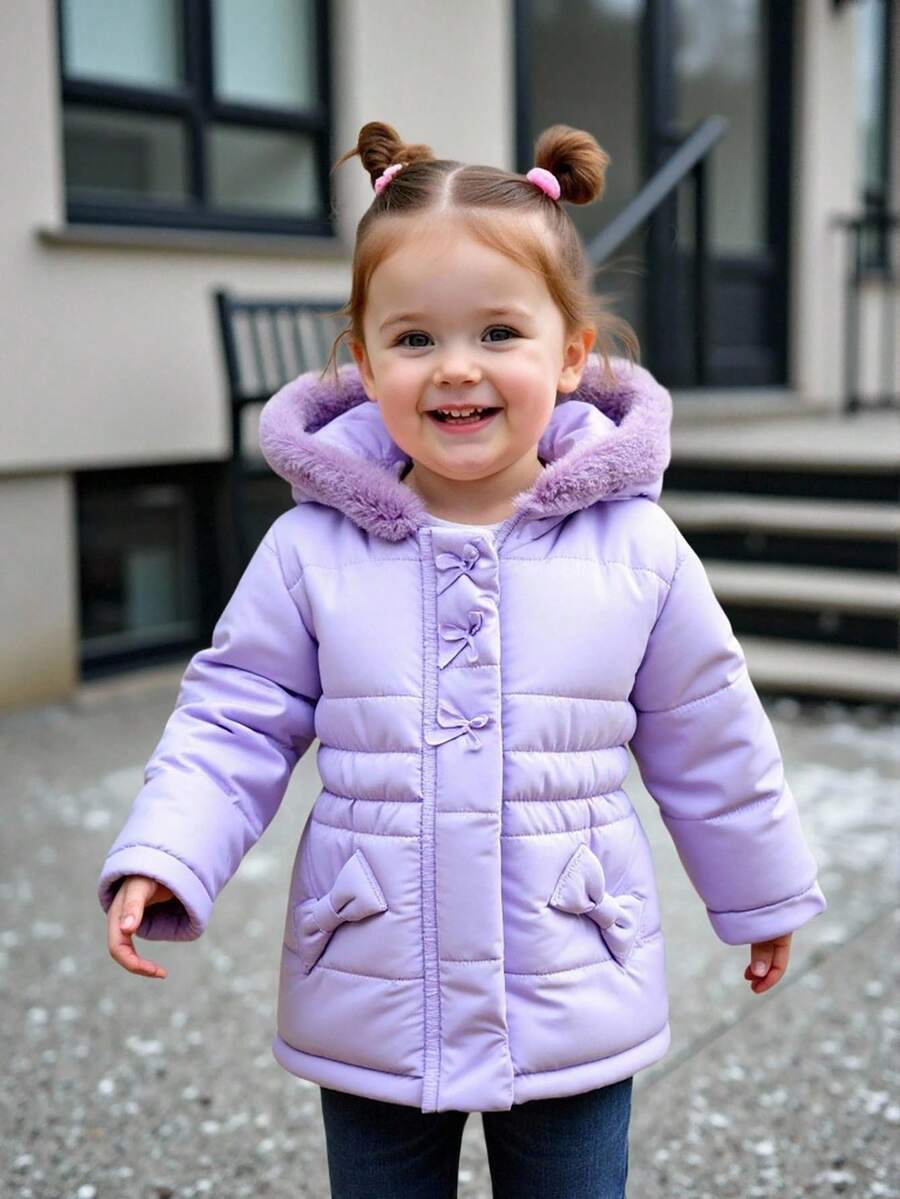 SHEIN Baby Mädchen Lässig Mode Schleife Dekor Dicke Kapuzen Winter Jacke, geeignet für den täglichen Gebrauch im Winter