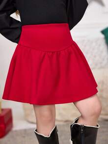 SHEIN 女孩休闲针织高腰裙，日常穿着，母女装，非常适合秋冬季的休闲日常穿着和上学穿着，也适合圣诞派对，红色。 - 金色 - 查看 2