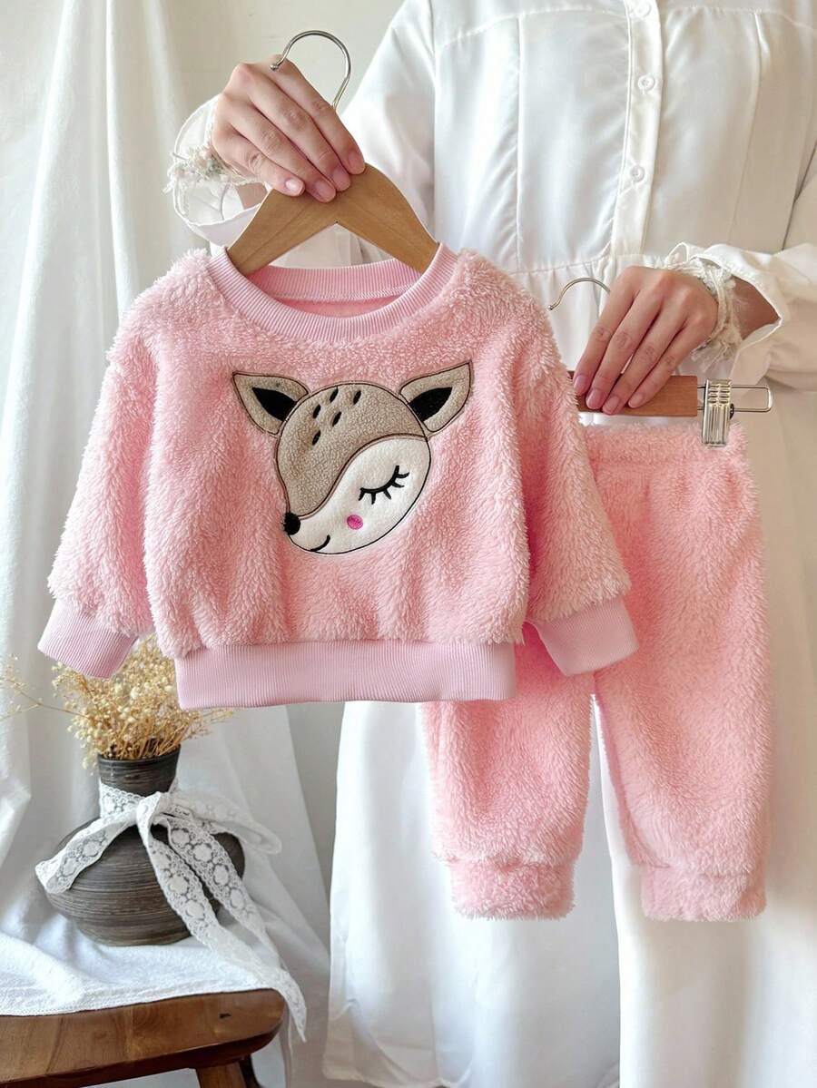 SHEIN Baby Girl Toddler/Newborn 0-3 Years Spring/Summer Casual Cute Fruit Pear Print Crew Neck Long Sleeve Sweatshirt + Ribbed Leggings Pants Set Fall Winter - Pink - View 1