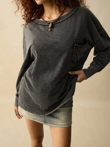 SoleilVie 万圣节休闲宽松黑色水洗工艺胸袋装饰长袖女式波西米亚风T恤 新款秋季时尚女装 秋季女装长袖上衣 返校季 万圣节秋季女装外出上衣 女式可爱上衣 T恤 女式秋季女装黑色上衣 - 黑色 - 查看 5