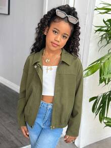 Tween Girl Plain Raglan Zip-Up Casual Versatile Jacket Fall Winter - Green - View 3