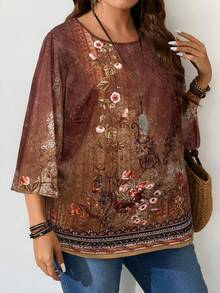 SHEIN CURVE+ Áo cánh tay 3/4 cổ tròn rộng rãi in họa tiết toàn thân cho nữ cỡ lớn - màu nâu - Xem 4