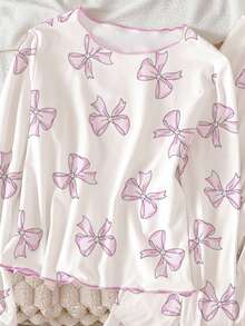 Tween Girls Pajama Set, White Base With Purple Watercolor Butterfly Print, Contrast Trim, Long Sleeve Top And Pants, Casual Loungewear Fall Winter - White - View 3