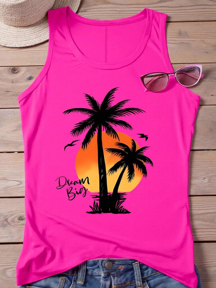 SHEIN LUNE Plus Size Casual Coconut Tree Print Round Neck Tank Top, Summer - Hot Pink - View 1