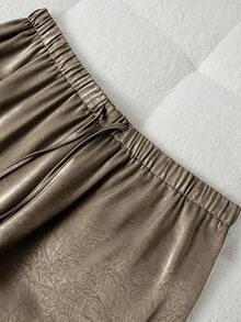 SHEIN PETITE CURVE Plus Size Women Shiny Fabric Casual Pants, Petite, Elastic Waist & Drawstring - Khaki - View 5