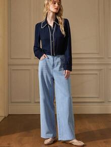 Écloséra 法式复古亚麻混纺纹理衣领和袖口撞色花卉装饰女士长袖衬衫，春秋季