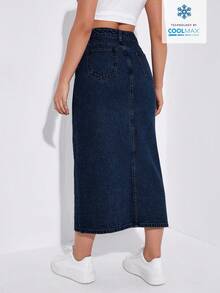 EURMUSE Casual Washed Front Slit Denim Mini Skirt - Dark Wash - View 2