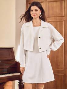 SHEIN Clasi 女式纯色连衣裙夹克套装，带不对称纽扣装饰，优雅通勤装，带口袋，适合外出、派对、约会、街头服饰、返校、感恩节、教师装、万圣节、圣诞节、新年 - 白色 - 查看 1