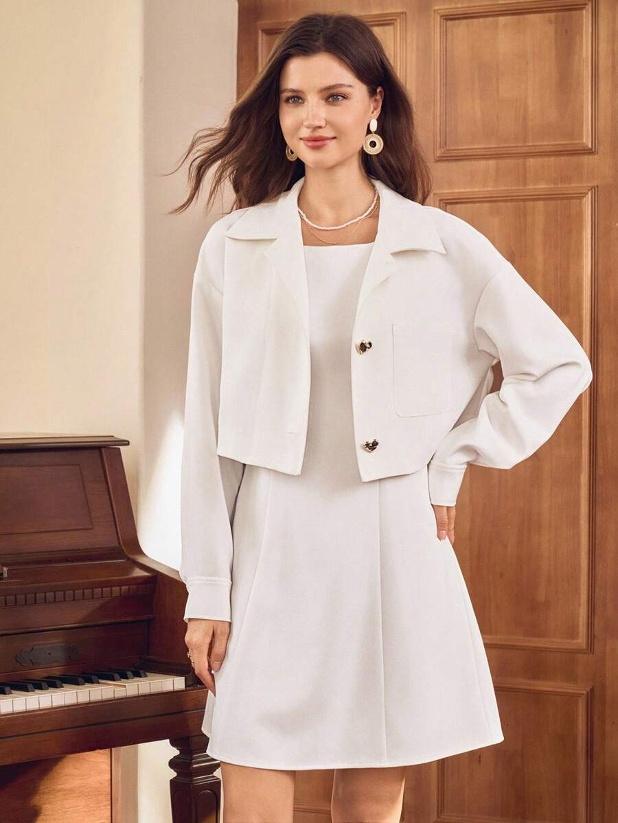 SHEIN Clasi 女式纯色连衣裙夹克套装，带不对称纽扣装饰，优雅通勤装，带口袋，适合外出、派对、约会、街头服饰、返校、感恩节、教师装、万圣节、圣诞节、新年 - 白色 - 查看 1
