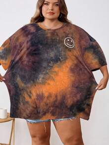 SHEIN CURVE+ Women's Tie Dye Printed Round Neck Short Sleeved T-Shirt In Plus Size For Summer/Plus Size T Shirtsummer/Country/Beach Vacation Outfits/Beach Outfits/Beach Wear