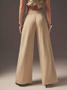Hauture 性感夏季办公室休闲纯色舒适松紧腰带褶皱宽松阔腿裤 - 卡其色 - 查看 5