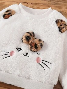 SHEIN 2 件女婴可爱猫咪刺绣羊毛卫衣 + 时尚羊毛豹纹短裤套装，秋冬 - 米色 - 查看 5