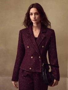 MOTF PREMIUM AUTUMN/WINTER FRENCH STYLE CHIC TWEED LAPEL COLLAR LONG SLEEVE FITTED SHORT WOMEN'S BLAZER JACKET, PURPLE - Purple - View 5