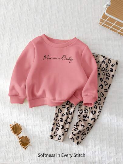 Cozy Pixies 2 件套女婴字母印花圆领套头衫和加厚裤子套装，适合秋冬户外