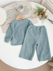 SHEIN 2pcs Baby Girl Casual Knit Blue Long Sleeve Top And Elastic Waist Pants Set, Autumn/Winter Toddler Set Baby Casual Set Baby Boy Set 2 Pc Set Baby Boy 2 Piece Toddler Set Fall