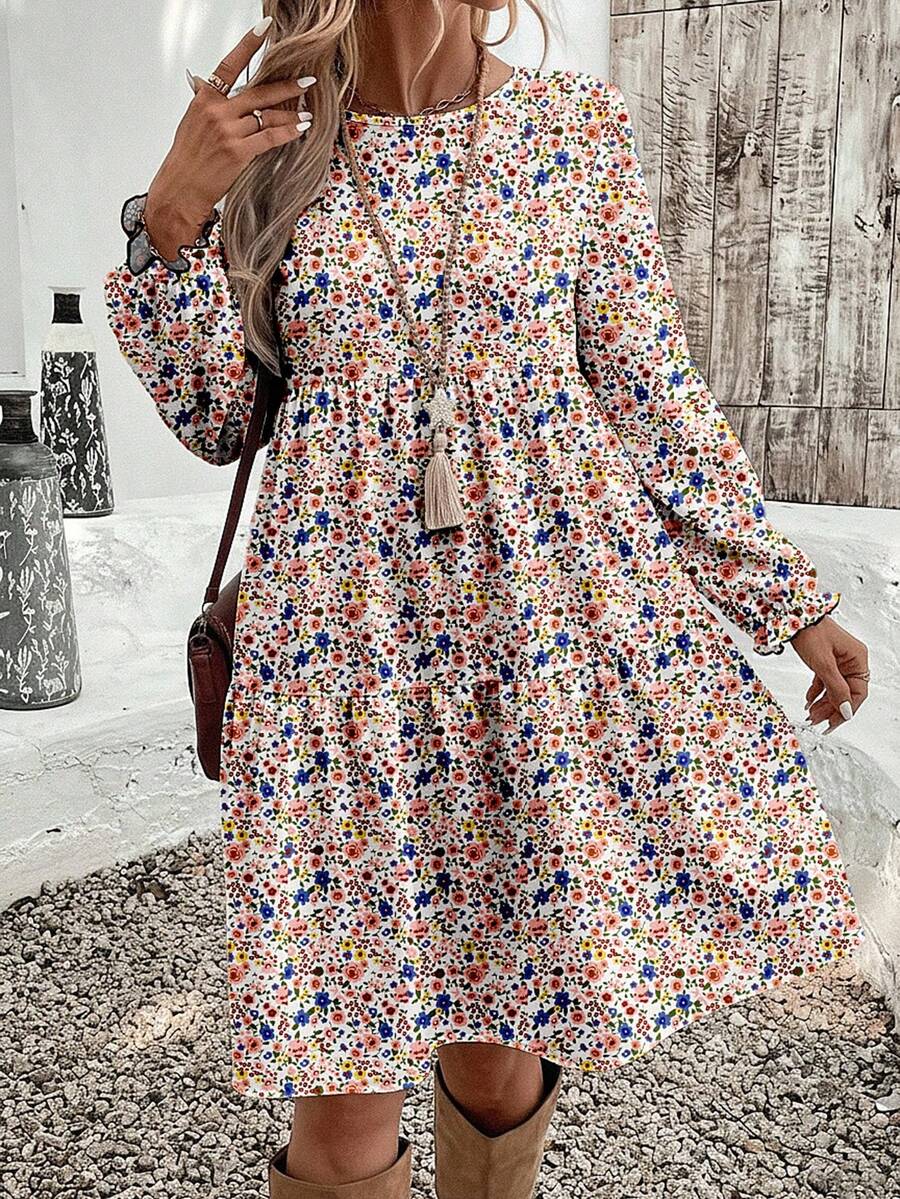 EMERY ROSE 女士休闲优雅花卉印花长袖中长连衣裙，秋冬 - 彩色 - 查看 1