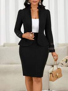 SHEIN Lady CURVE Plus Size Women Business Casual Solid Color Patchwork Sheer Mesh Fitted Blazer And Pencil Skirt Suit - Multicolor - View 7