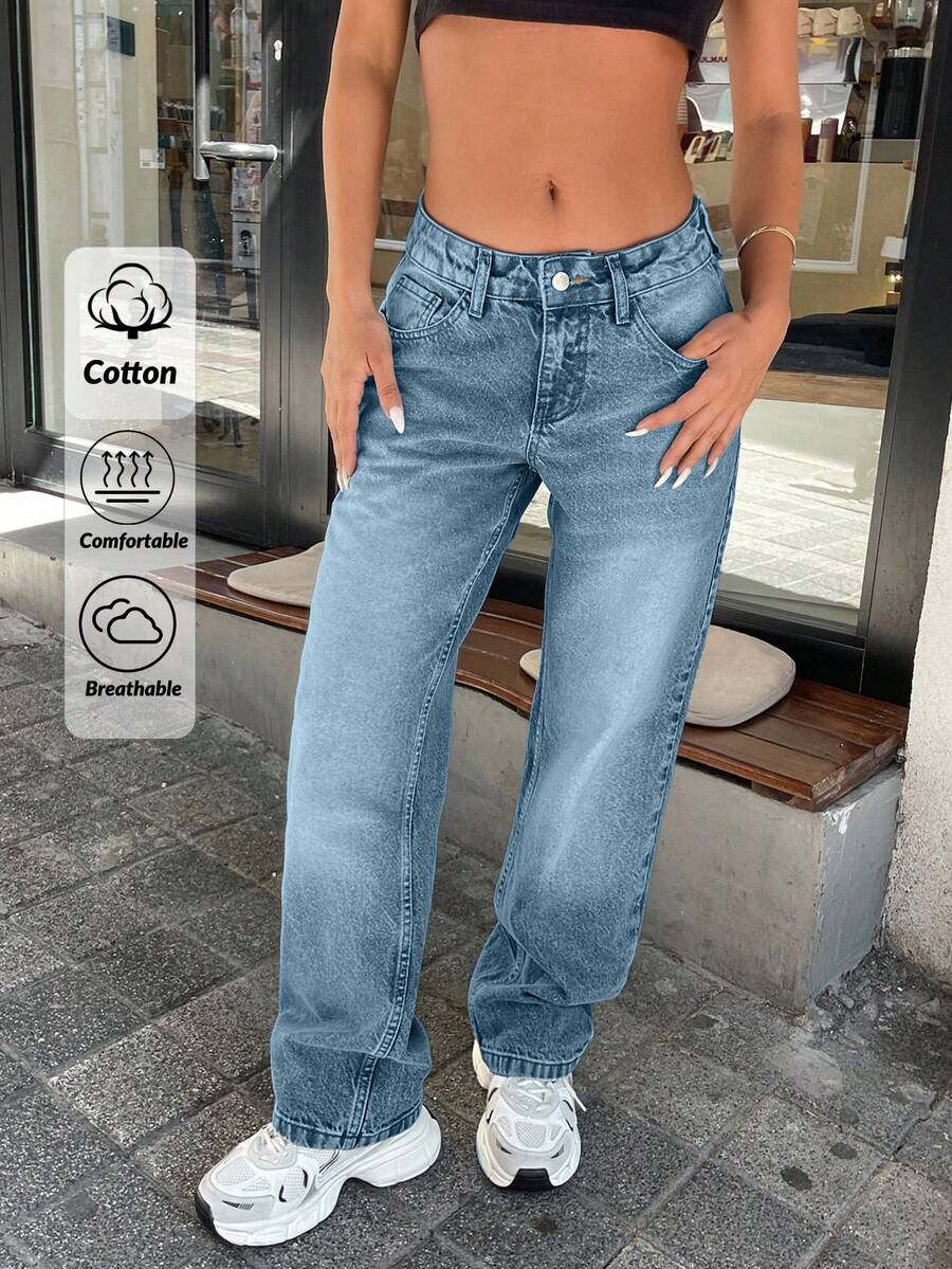 EURMUSE Women's Blue Breathable Comfortable Straight Fit Low Waist Jeans - Blue - View 1