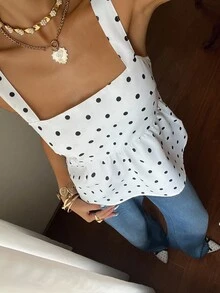Serisse Polka Dot Women's Tops, Backless Bow Top, Retro Classic Polka Dot Top For Women White Summer Casual - White - View 5