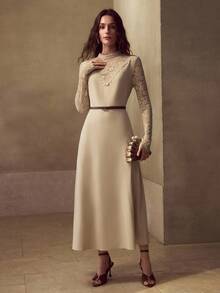 MOTF AUTUMN/WINTER ELASTIC CONTRAST LACE WOVEN FABRIC DRESS, WITH SMALL STAND COLLAR RUFFLE TRIM, ELEGANT RUFFLED SLEEVE HEM, SLIT HEM DRESS, FLATTERING WAISTLINE, FRENCH ROMANTIC MIDI DRESS FOR WOMEN - Khaki - View 5