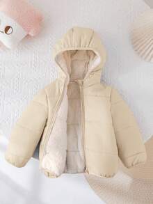 SHEIN Áo khoác có mũ lót giữ nhiệt dễ thương cho bé gái, đa năng khi mặc ngoài trời, mùa thu/đông - Màu Khaki - Xem 3