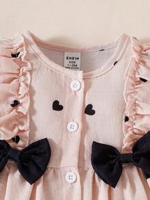 SHEIN Vestido elegante y lindo de manga larga con cuello redondo, volantes, estampado de cerezas de dibujos animados y moño rojo para bebé niña recién nacida, adecuado para todas las estaciones, nuevo estilo - Caqui - Ver 5