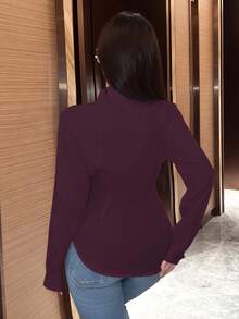 EMERY ROSE Women's Plain Color Long Sleeve Wrap Blouse, Spring Autumn Women Shirt - Red Violet - View 2