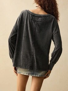 SoleilVie 万圣节休闲宽松黑色水洗工艺胸袋装饰长袖女式波西米亚风T恤 新款秋季时尚女装 秋季女装长袖上衣 返校季 万圣节秋季女装外出上衣 女式可爱上衣 T恤 女式秋季女装黑色上衣 - 黑色 - 查看 2