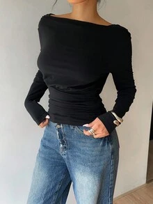 Siren Gaze 深 V 背长袖上衣 - 黑色 - 查看 4