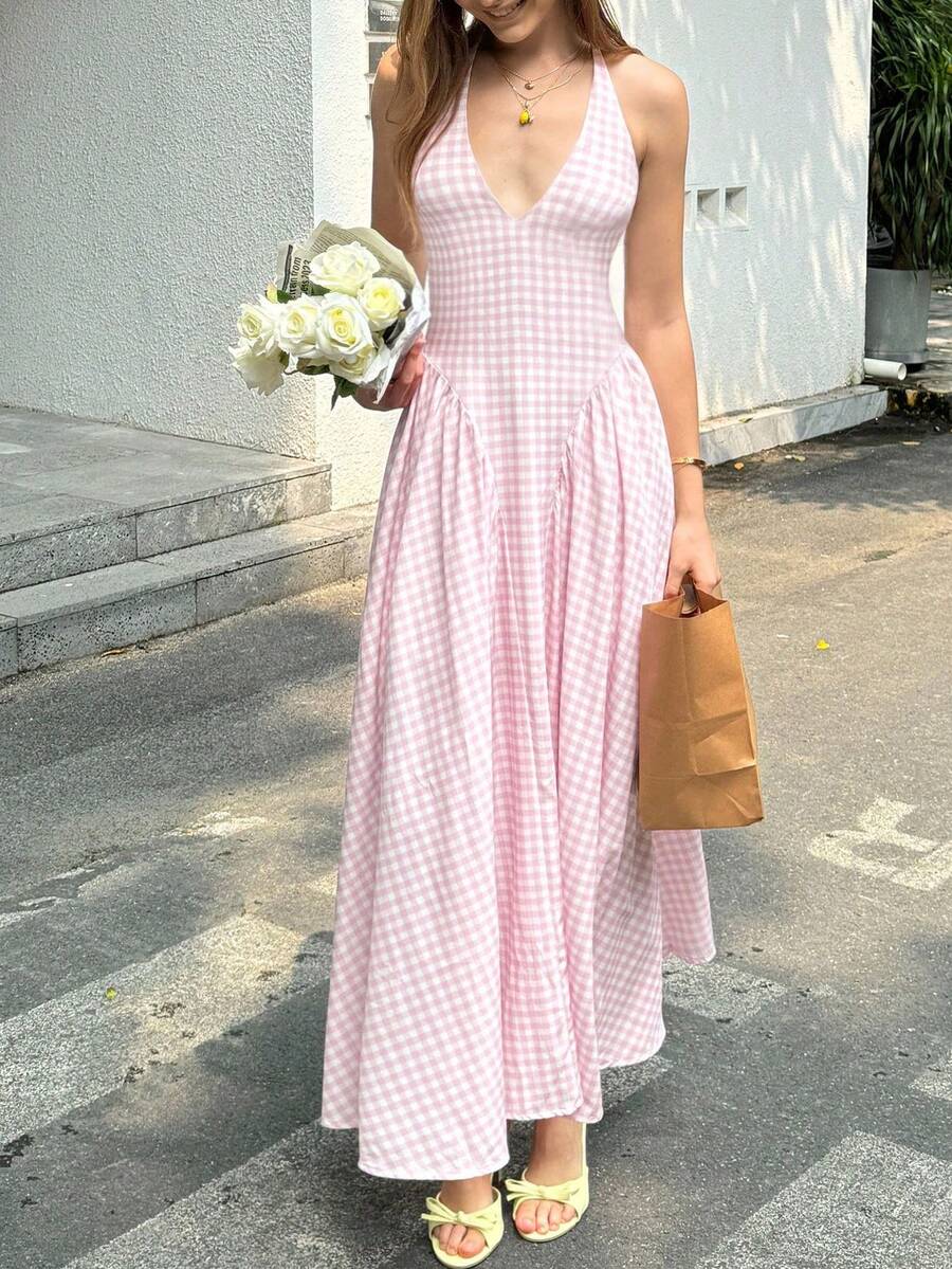 INAWLY Women Plaid Ruffle Hem Halter Neck Tie Mini Dress - Pink - View 1