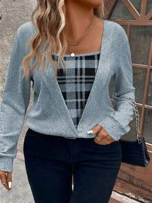 EMERY ROSE Plus Size Plaid Print Patchwork Black Knit Long Sleeve Sweatshirt, Soft Knit, Winter, Fall - Multicolor - View 1