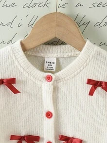 SHEIN Playful Pals 2 Pieces Baby Girls Outfit: Apricot Long Sleeve Cardigan With Bow Decor Top + Burgundy Tulle Cake Skirt, Set For Autumn/Winter Fall - Burgundy - View 6