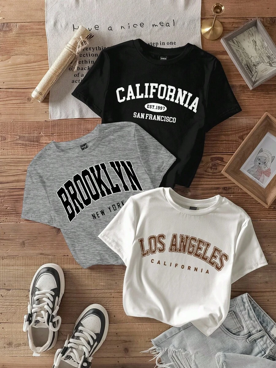 SHEIN EZwear 3 件套休闲简约复古美式英伦图案圆领短袖短款女士 T 恤，夏季 - 彩色 - 查看 1