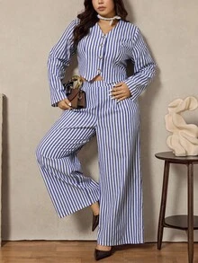 Zelara 大码女装两件套，包括秋季蓝白条纹开襟长袖衬衫和高腰裤两件套，大码女装万圣节服装两件套 - 藍白色 - 查看 6