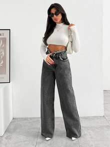 EURMUSE HIGH RISE WIDELEG JEAN WITH FRAYED POCKET - Light Grey - View 3