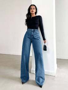 Jeans a vita alta, gamba ampia, orlo lungo, blu - 716 gr