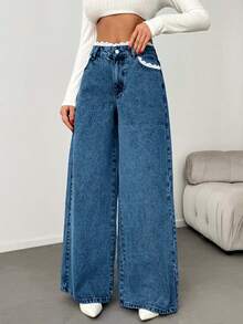 EURMUSE WOMEN DENIM WIDE LEG MID WAIST LACE BELT DETAIL JEANS - Blue - View 5