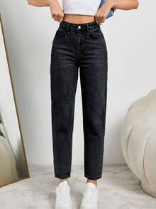 SHEIN Tall 妈妈装高腰浅蓝色牛仔裤 - 深灰色 - 查看 6
