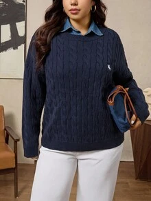 SHEIN LUNE 大码休闲V领针织毛衣，饰有刺绣图案，海军蓝复古风，适合返校季穿着，麻花针织，刺绣，秋季女装，商务休闲，复古风格，秋冬女装毛衣 - 藏蓝色 - 查看 5