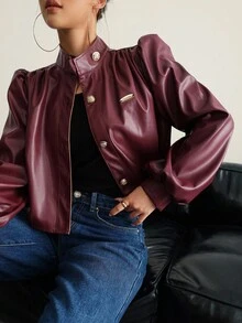 Aidyla 女士酒红色梭织衬衫，皮革长袖休闲款，褶裥纽扣设计，秋冬时尚，适合搭配常规外套，复古风格 - 酒紅色 - 查看 5