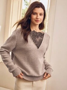 SHEIN Clasi 女士休闲 V 领蕾丝拼接纯色宽松套头衫，圣诞节、新年、感恩节礼物 - 卡其色 - 查看 4