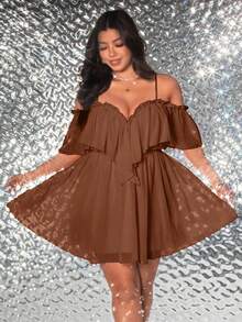 Viva Relle Plus Size Summer Elegant Off-Shoulder Ruffle Hem Dress - Brown - View 1
