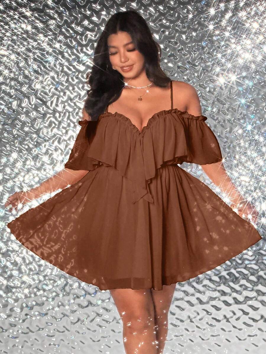 Viva Relle Plus Size Summer Elegant Off-Shoulder Ruffle Hem Dress - Brown - View 1
