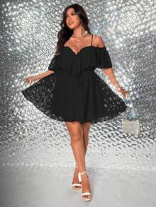 Viva Relle Plus-Size Women's Ruffled Deep V-Neck Strapless One-Shoulder A-Line New Year Dress - Black - View 4