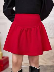 SHEIN 女孩休闲针织高腰裙，日常穿着，母女装，非常适合秋冬季的休闲日常穿着和上学穿着，也适合圣诞派对，红色。 - 金色 - 查看 4