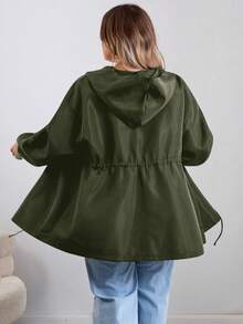 SHEIN CURVE+ Curves 大码/学校服装/返校服装/返校大码女式秋季拉链抽绳腰连帽黑色夹克大码夹克大码大码衬衫 8xl 女装大码黑色夹克，女装秋季服装，冬季，CURVE PLUS - 軍綠色 - 查看 2