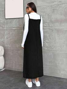 EURMUSE WOMEN LONG DENIM DRESS POCKET DETAILED - Black - View 2