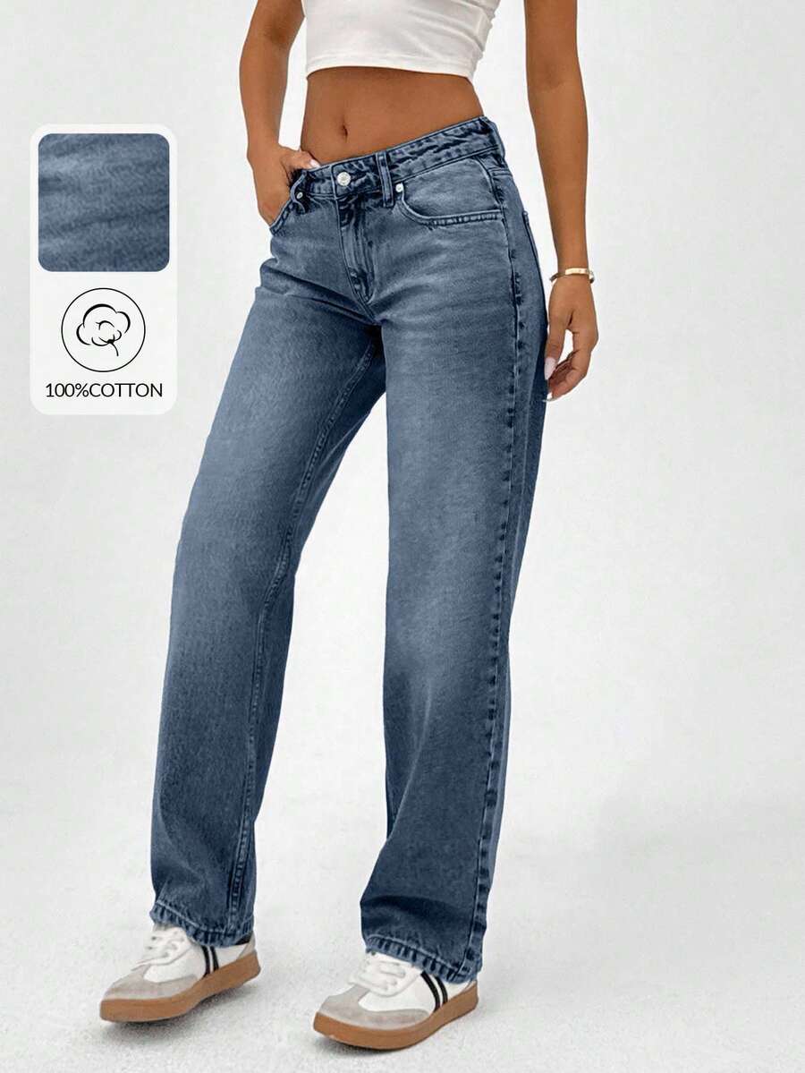 100% Cotton LOW RISE STRAIGHT FIT VINTAGE WASH Y2K STYLE JEAN - Dusty Blue - View 1