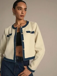 Modelyn Autumn/Winter Apricot Tweed Texture Patchwork Denim Ribbon Long Sleeve Jacket With Golden Buttons, Elegant And Fashionable Outerwear - Apricot - View 7